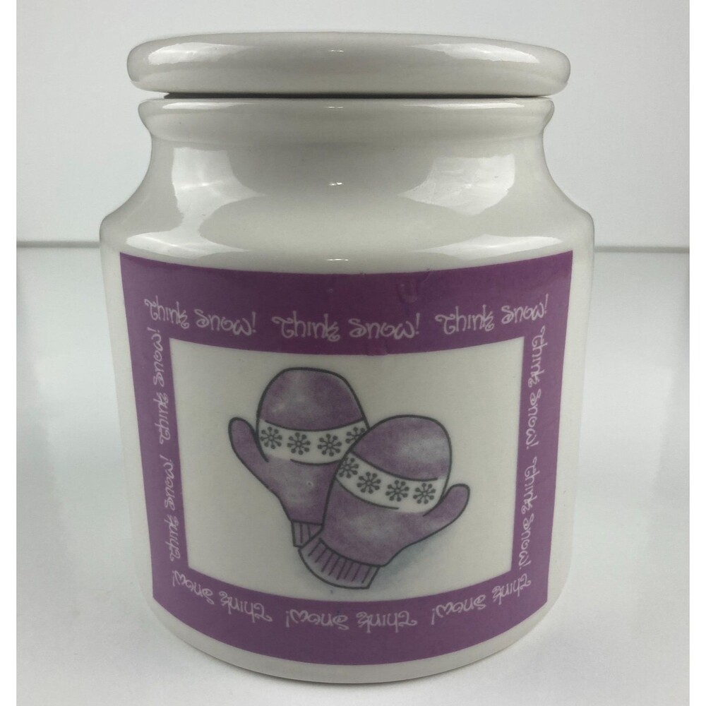 Sherwood Brands Think Snow Ceramic Cookie Jar Canister Purple Mittens Winter